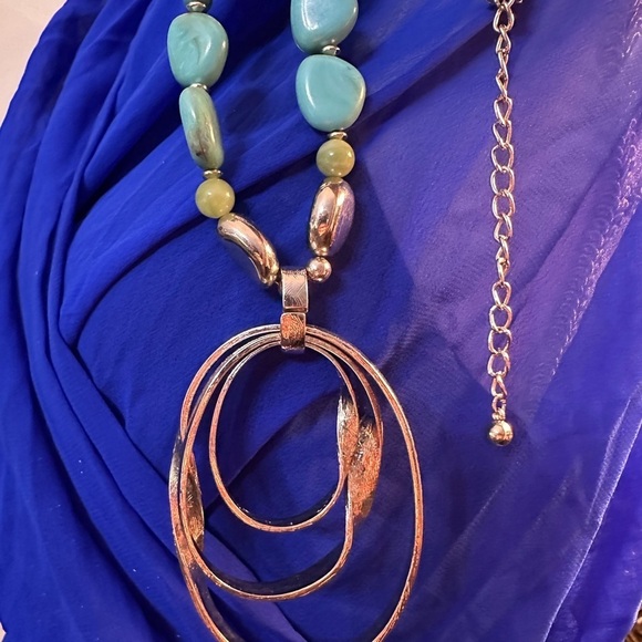 Chico's Blue and Silver Geometric Necklace Statement long Dangle pendant 0776 P - Picture 3 of 13